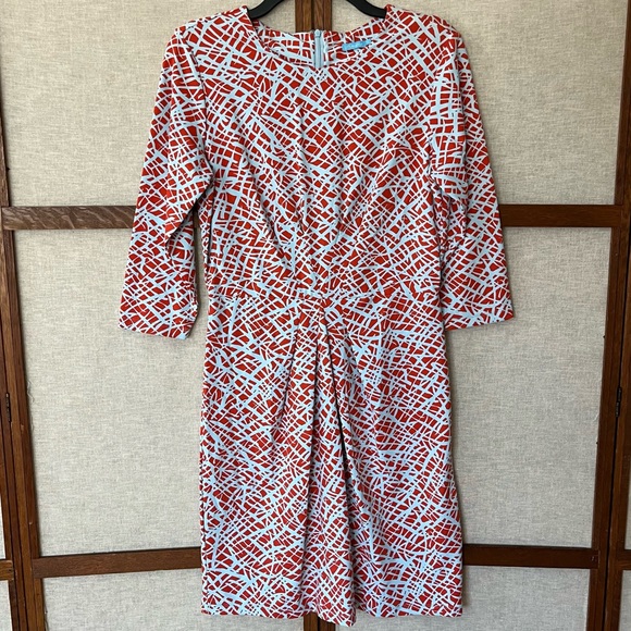 J. McLaughlin Orange Blue Patterned 3/4 Sleeve Stretch Sleeve Women's Dress - M - Picture 2 of 10
